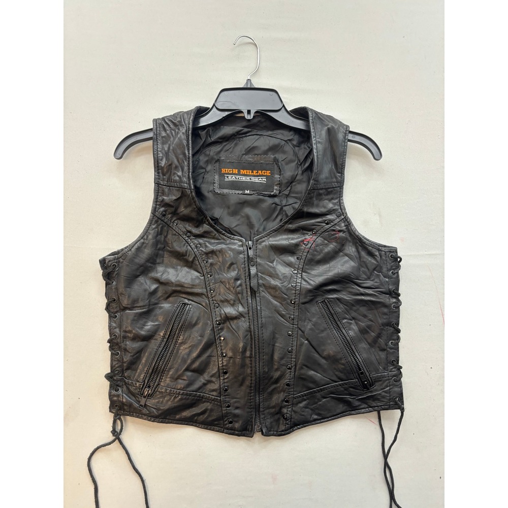 High Mileage Leather Gear Motorcycle Vest Black Studded Lace Up Back Patch M